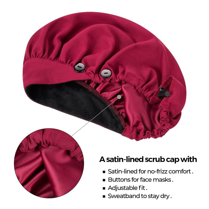 Adjustable Button Scrub Cap — A03-Burgundy — Single Layer Satin Backing — 2