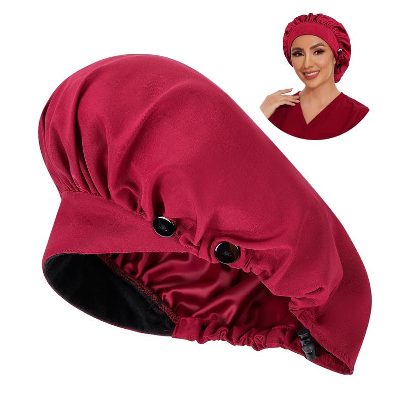 Adjustable Button Scrub Cap — A03-Burgundy — Single Layer Satin Backing — 1