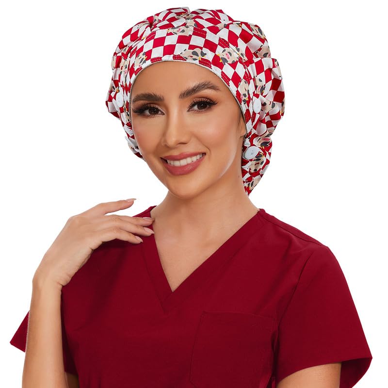 Adjustable Button Scrub Cap — B04-Red Checkered Calf — Satin Lined — 3