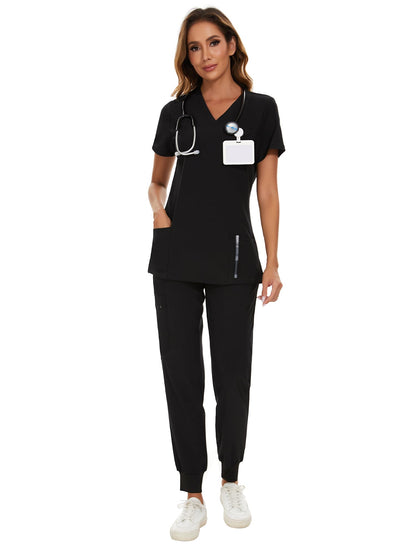 Luna 2-Pack V-Neck Jogger Scrub Set — Black/Burgundy — 2