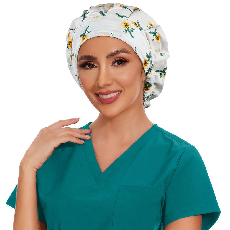 Adjustable Button Scrub Cap — B15-Lemon Blossom — Single Layer — 4