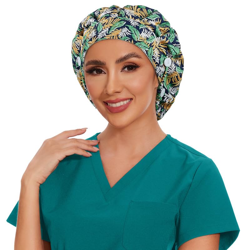 Adjustable Button Scrub Cap — B08-Tropical Foliage — Single Layer — 4