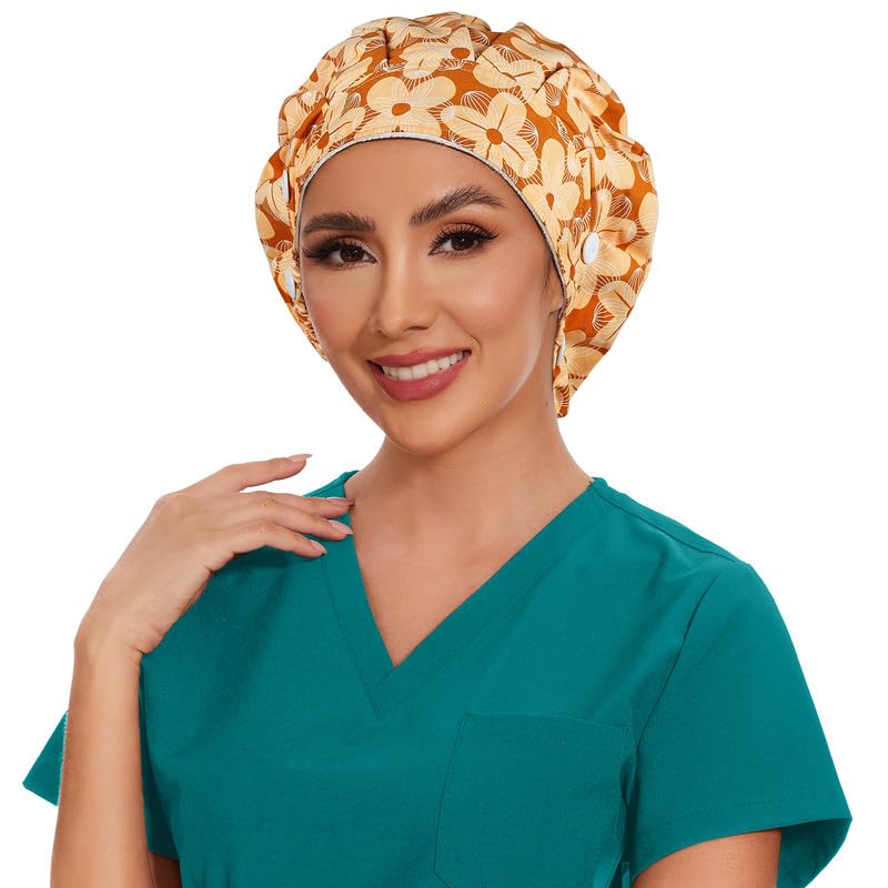 Adjustable Button Scrub Cap — B17-Golden Bloom — Single Layer — 4