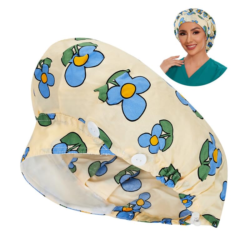 Adjustable Button Scrub Cap — B12-Sunny Sky Blossoms — Single Layer — 1