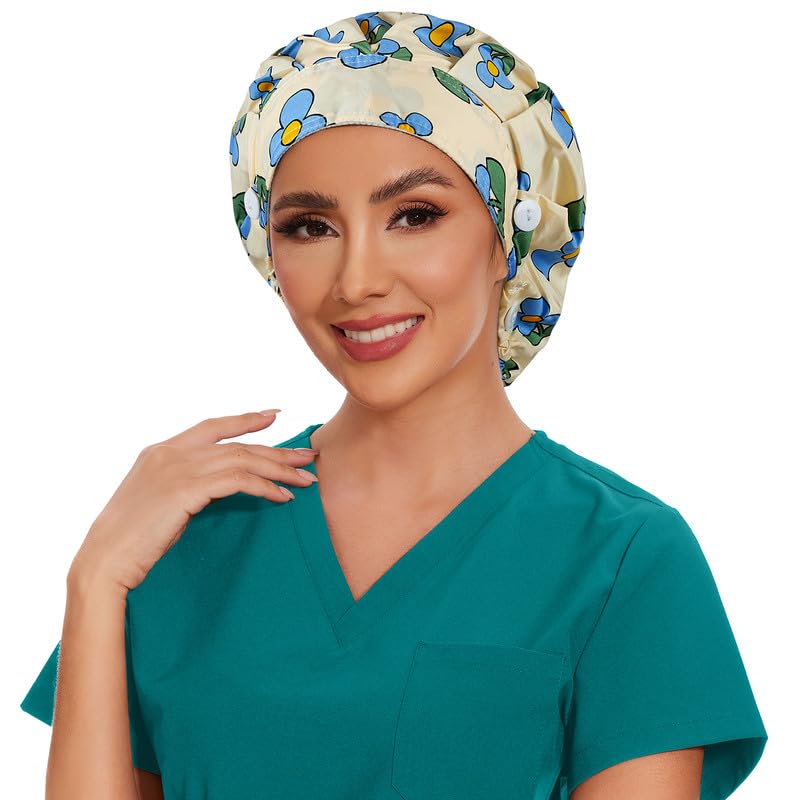 Adjustable Button Scrub Cap — B12-Sunny Sky Blossoms — Single Layer — 3