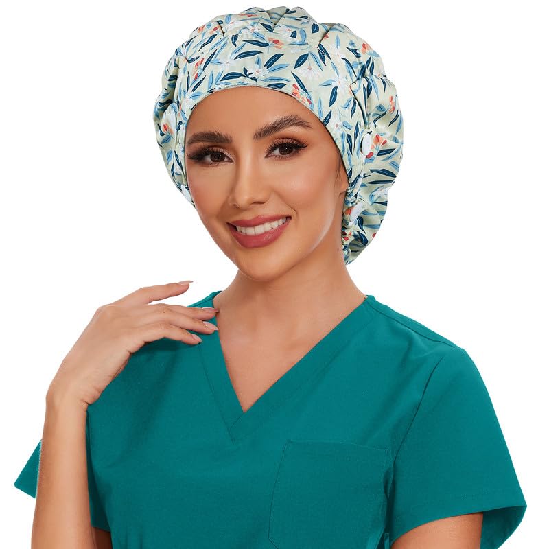 Adjustable Button Scrub Cap — B07-Berry Leaves — Single Layer — 4