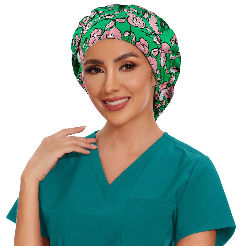 Adjustable Button Scrub Cap — B06-Rose Garden Gala — Single Layer — 3