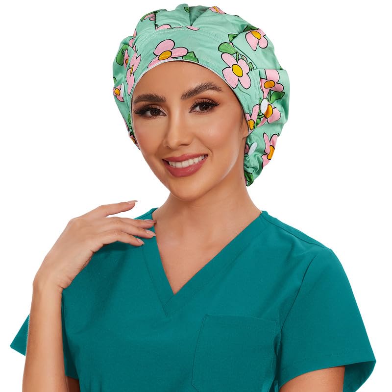Adjustable Button Scrub Cap — B12-Spring Blossom Breeze — Single Layer — 4