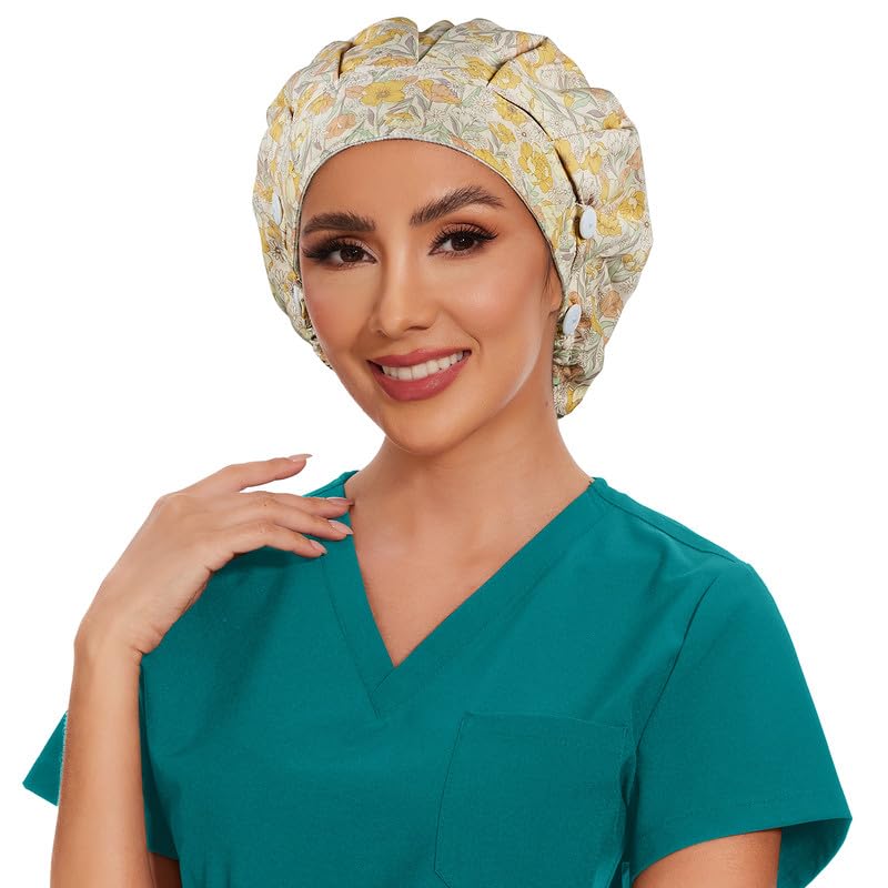 Adjustable Button Scrub Cap — B05-Golden Floral Lace — Single Layer — 4
