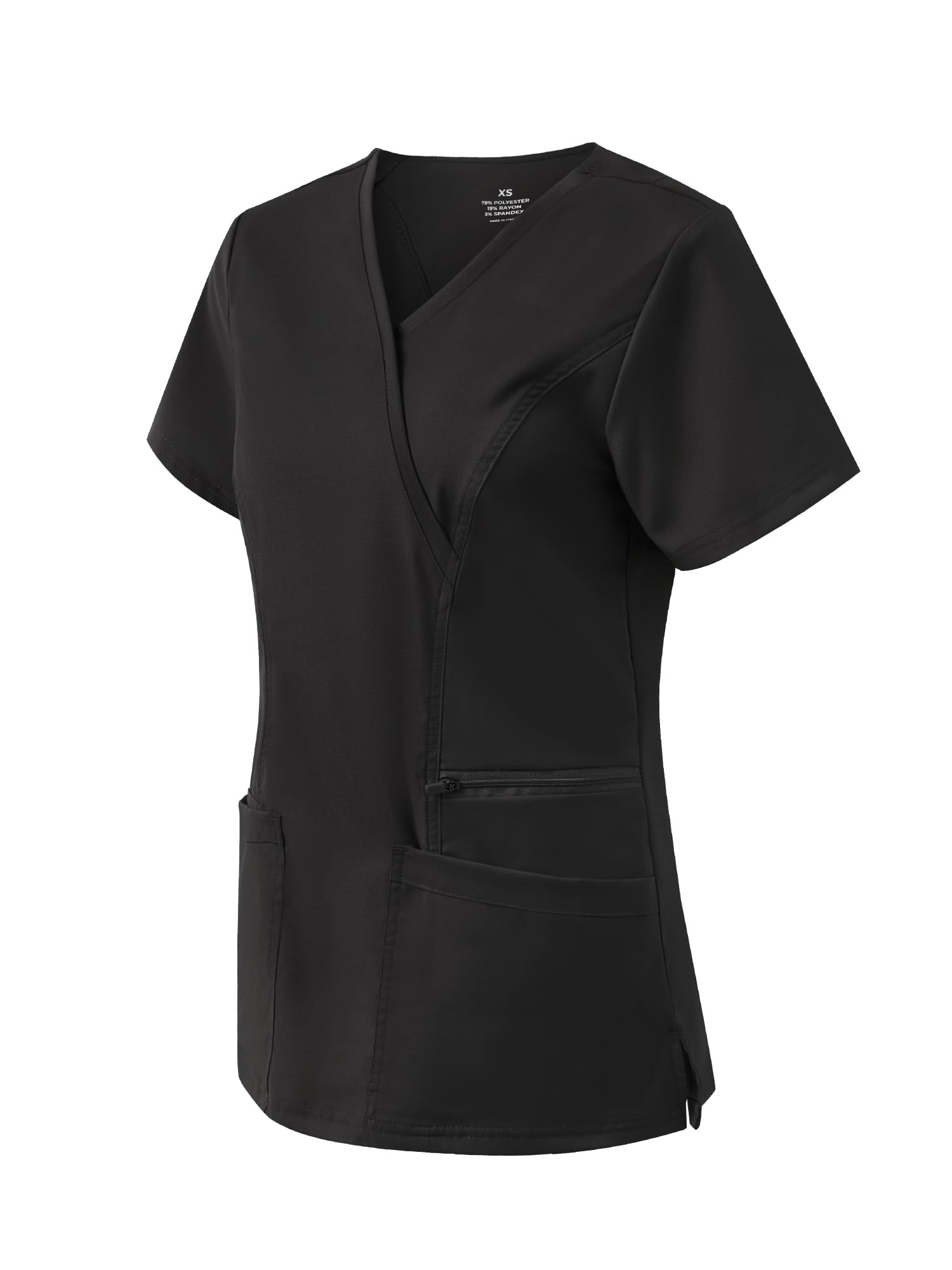 Venus Mock Wrap Scrub Top, Black, Angled Front View