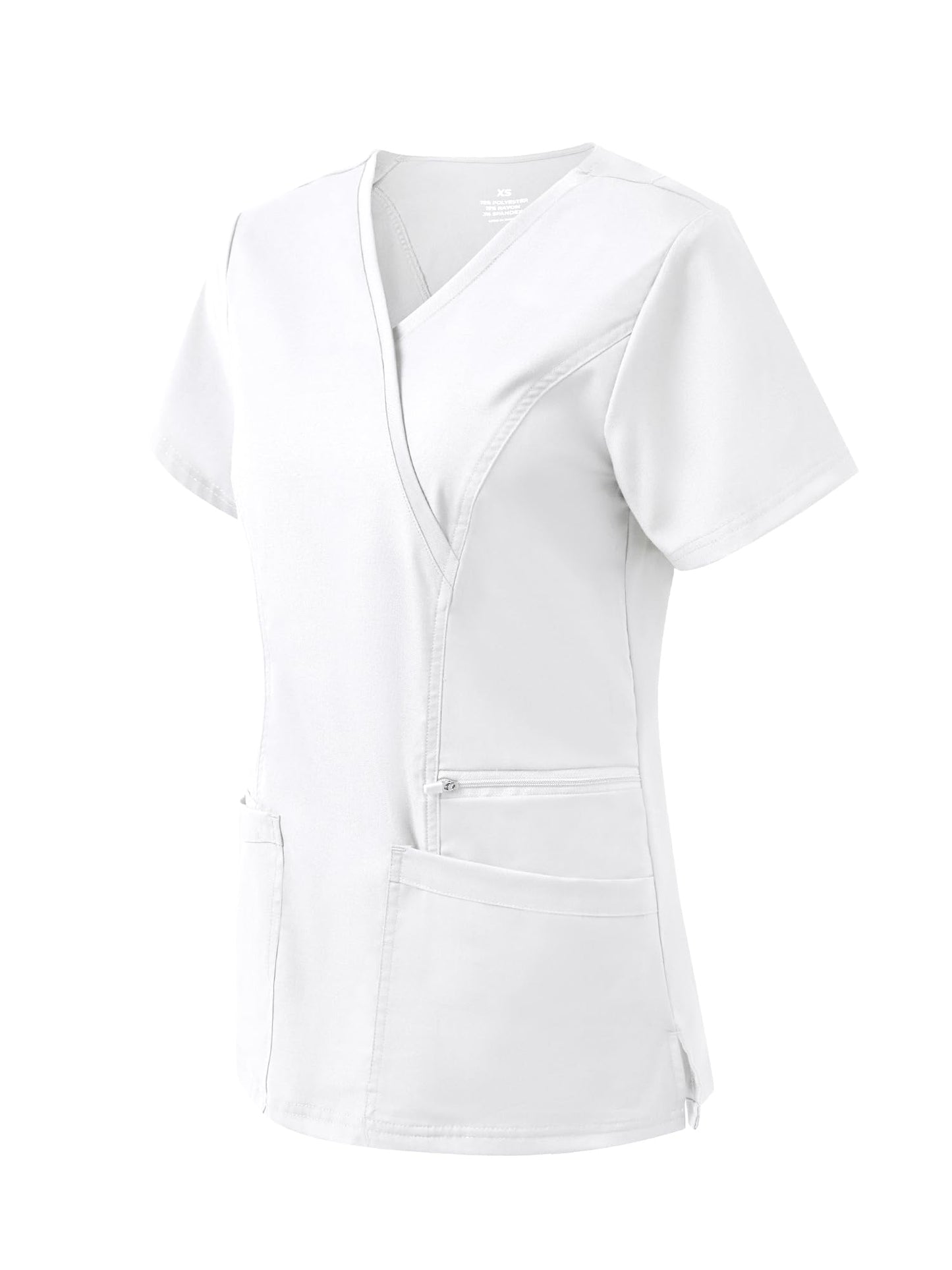 Venus Mock Wrap Scrub Top, White, Angled Front View