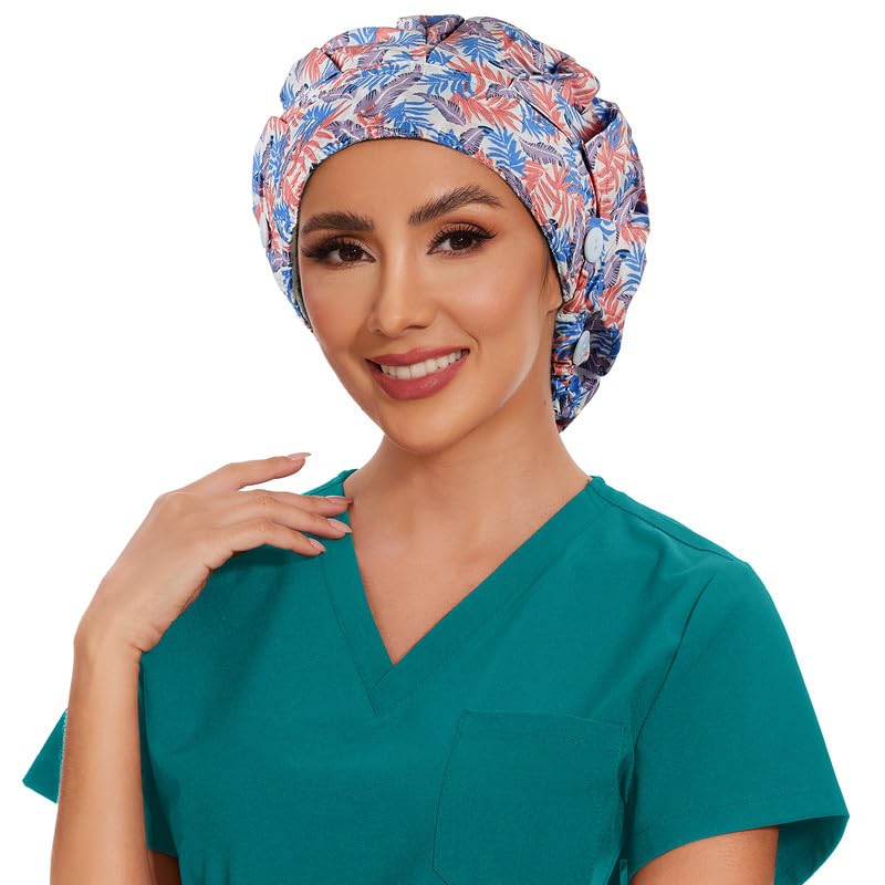 Adjustable Button Scrub Cap — B08-Sunset Palms — Single Layer — 3