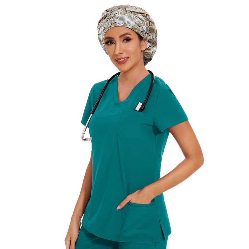 Adjustable Button Scrub Cap — B09-Golden Ginkgo Stripes — Single Layer — 6
