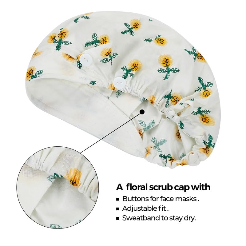 Adjustable Button Scrub Cap — B15-Lemon Blossom — Single Layer — 2
