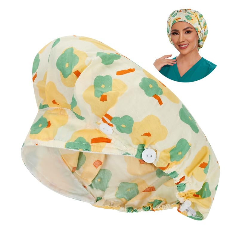 Adjustable Button Scrub Cap — B14-Pastel Garden — Single Layer — 1