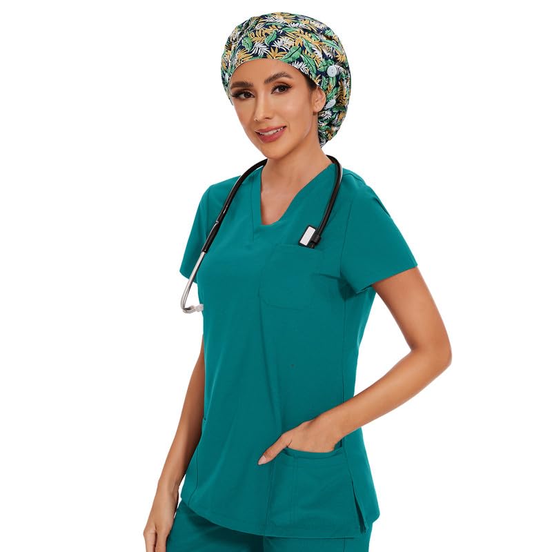 Adjustable Button Scrub Cap — B08-Tropical Foliage — Single Layer — 6