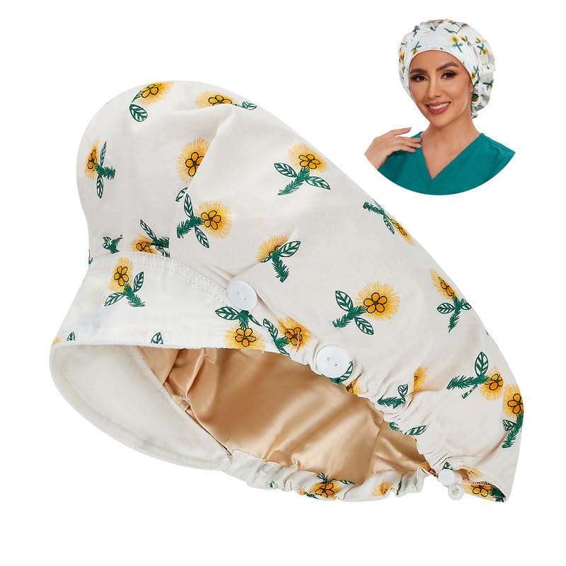 Adjustable Button Scrub Cap — B15-Lemon Blossom — Satin Lined — 1