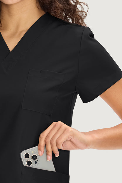 Women's 9-Pocket V-Neck Scrub Set, Black, Pocket Detail