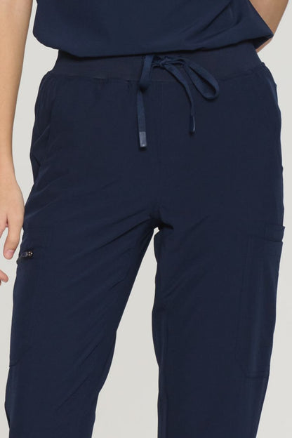 Women's 10-Pocket V-Neck Cargo Scrub Set, Navy Blue, Waistband Detail
