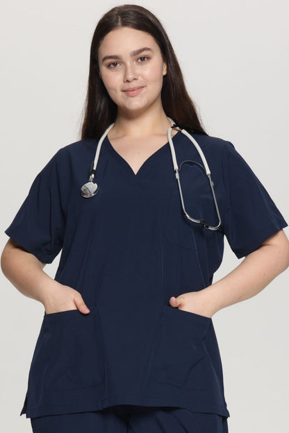 Women's Curved V-Neck 3-Pocket Scrub Top, Navy Blue, Front View