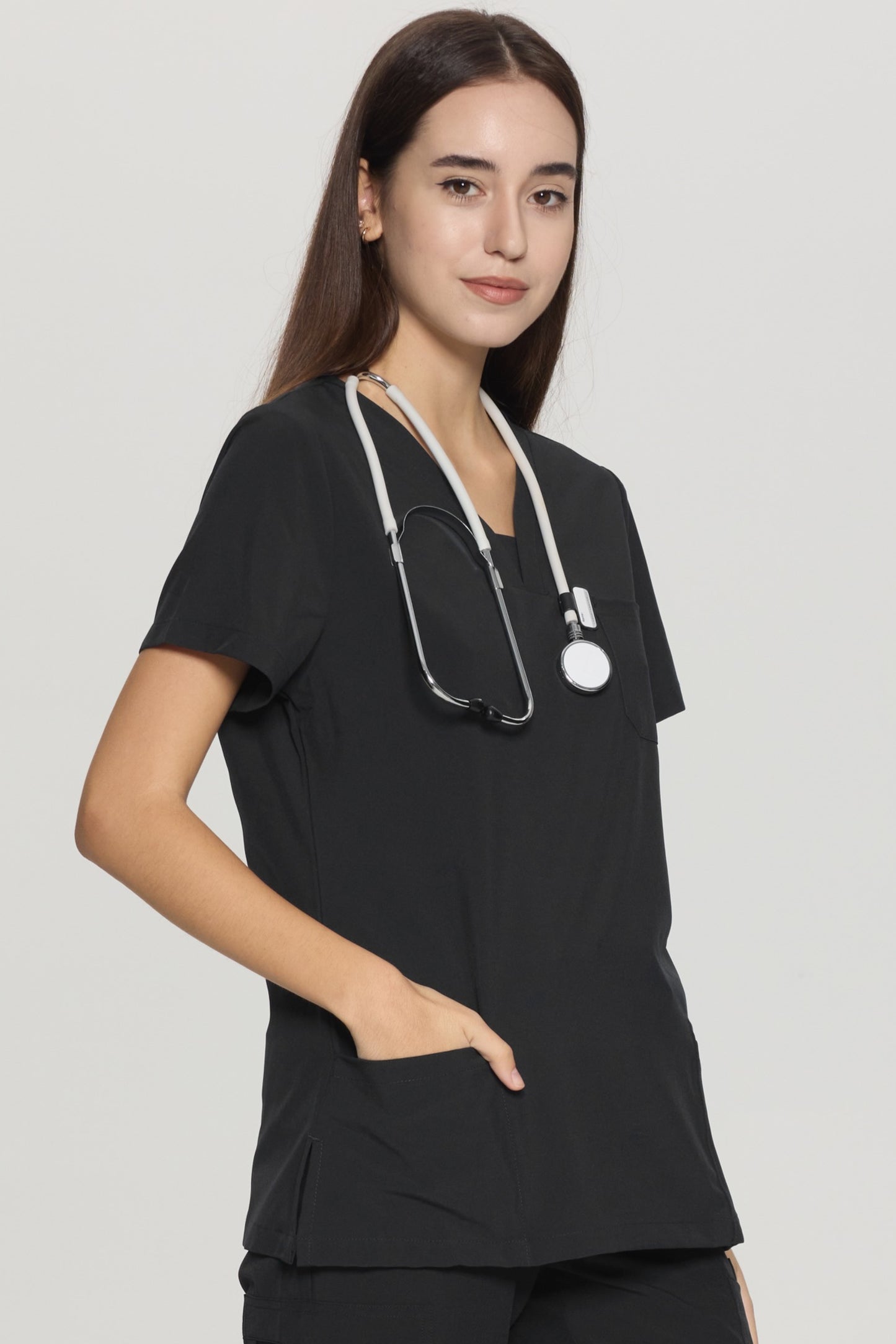 COZYFIT Slim Fit V-Neck Collar Patch Women Scrub Tops with 3 Pockets