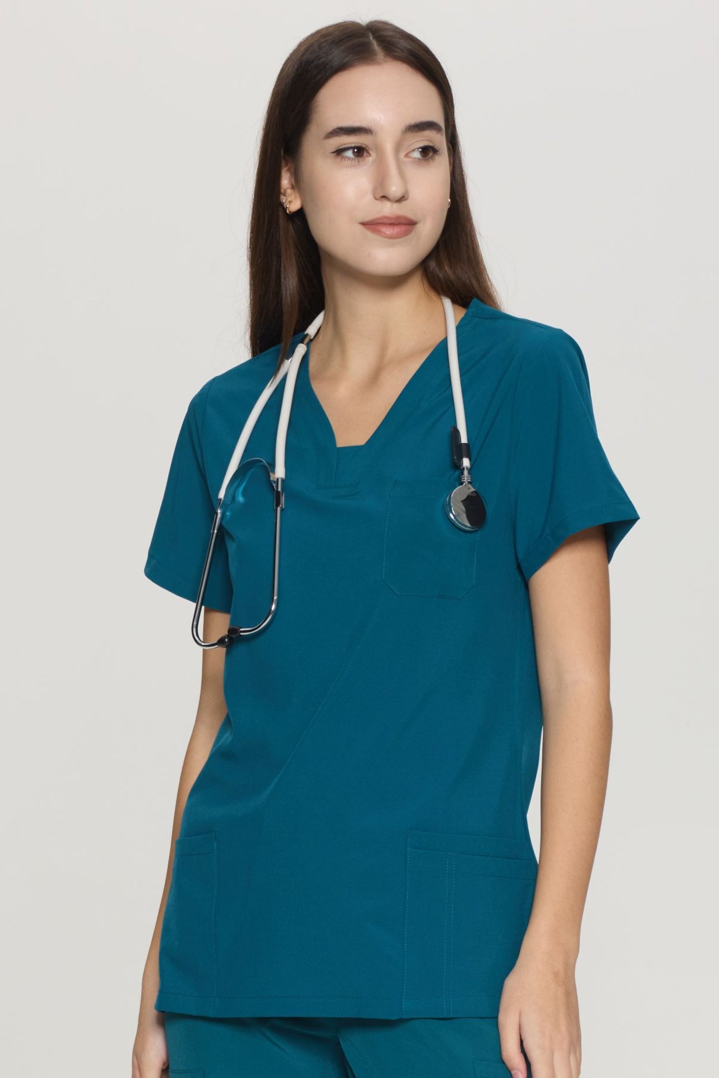 COZYFIT Slim Fit V-Neck Collar Patch Women Scrub Tops with 3 Pockets