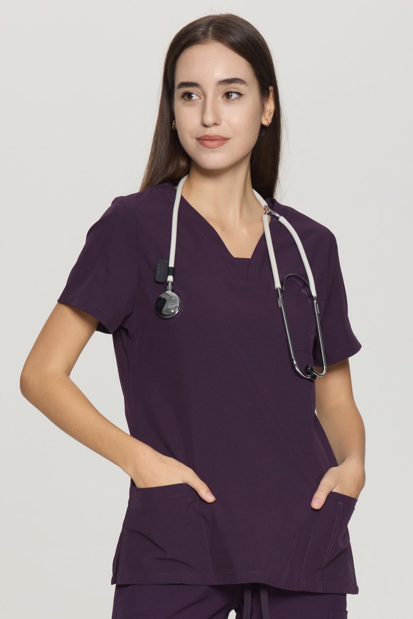COZYFIT Slim Fit V-Neck Collar Patch Women Scrub Tops with 3 Pockets