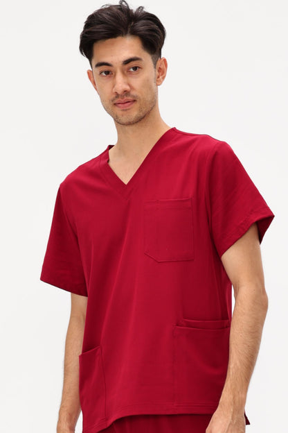Men's 3-Pocket V-Neck Scrub Top, Burgundy, Model Front View