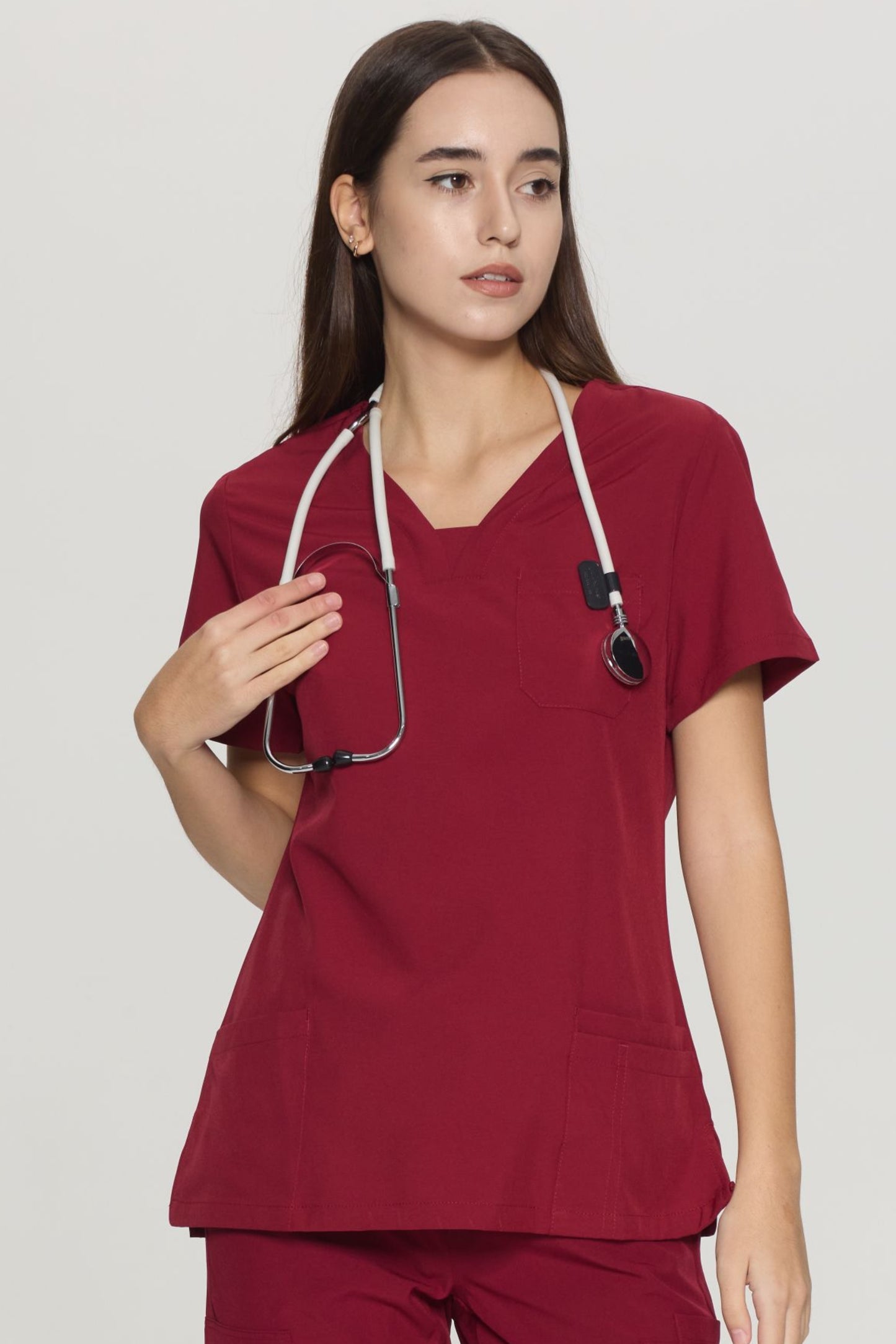 COZYFIT Slim Fit V-Neck Collar Patch Women Scrub Tops with 3 Pockets