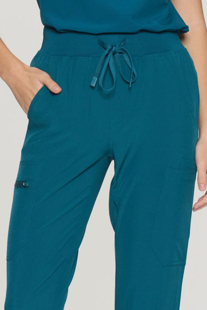 Women's 10-Pocket V-Neck Cargo Scrub Set, Caribbean Blue, Waistband Detail