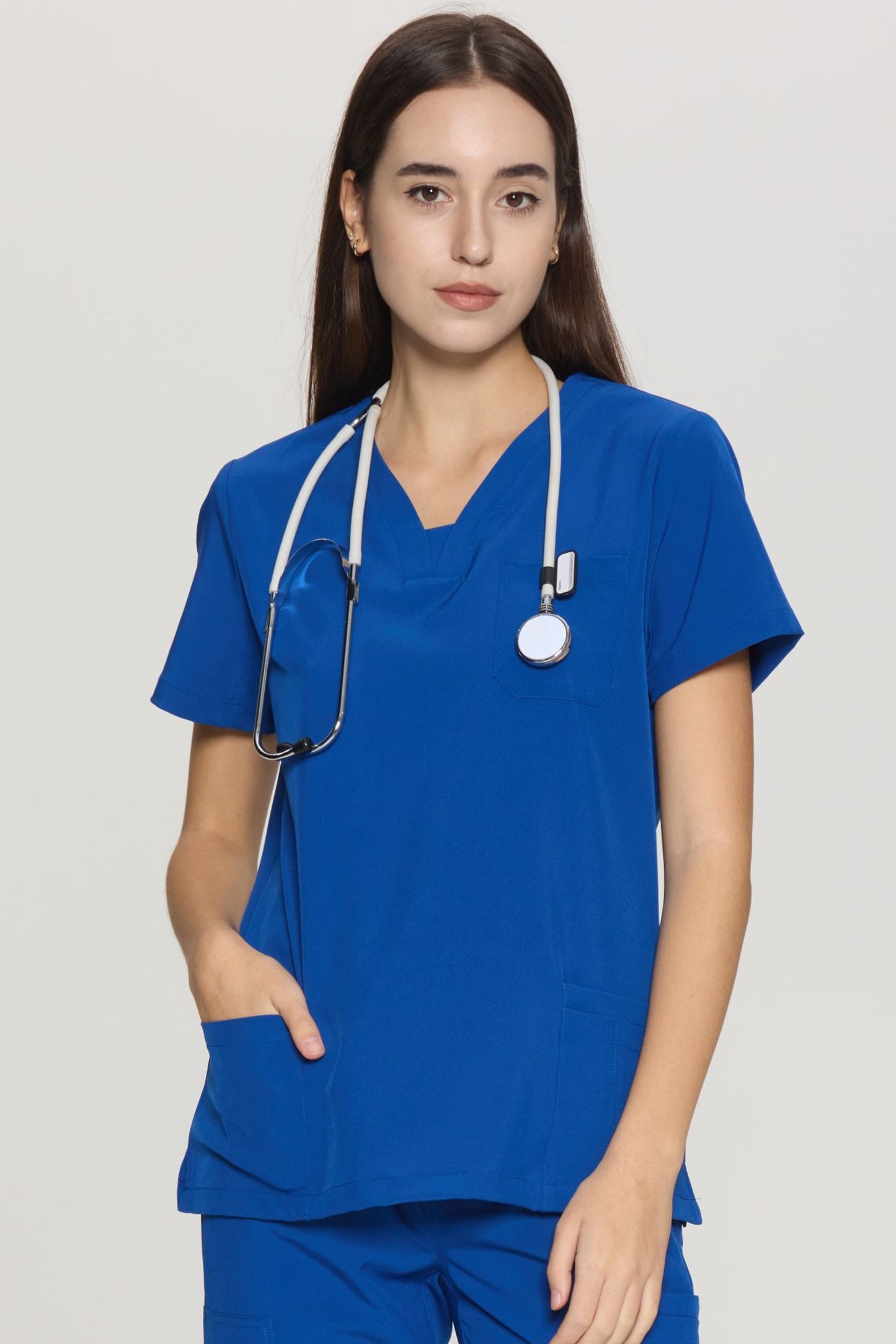 COZYFIT Slim Fit V-Neck Collar Patch Women Scrub Tops with 3 Pockets