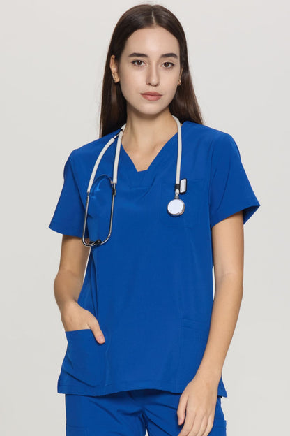 Women's Slim-Fit V-Neck Collar-Patch Scrub Top, Royal Blue, Three-Quarter View