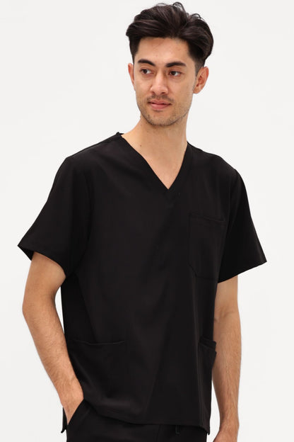 Men's 3-Pocket V-Neck Scrub Top, Black, Model Front View