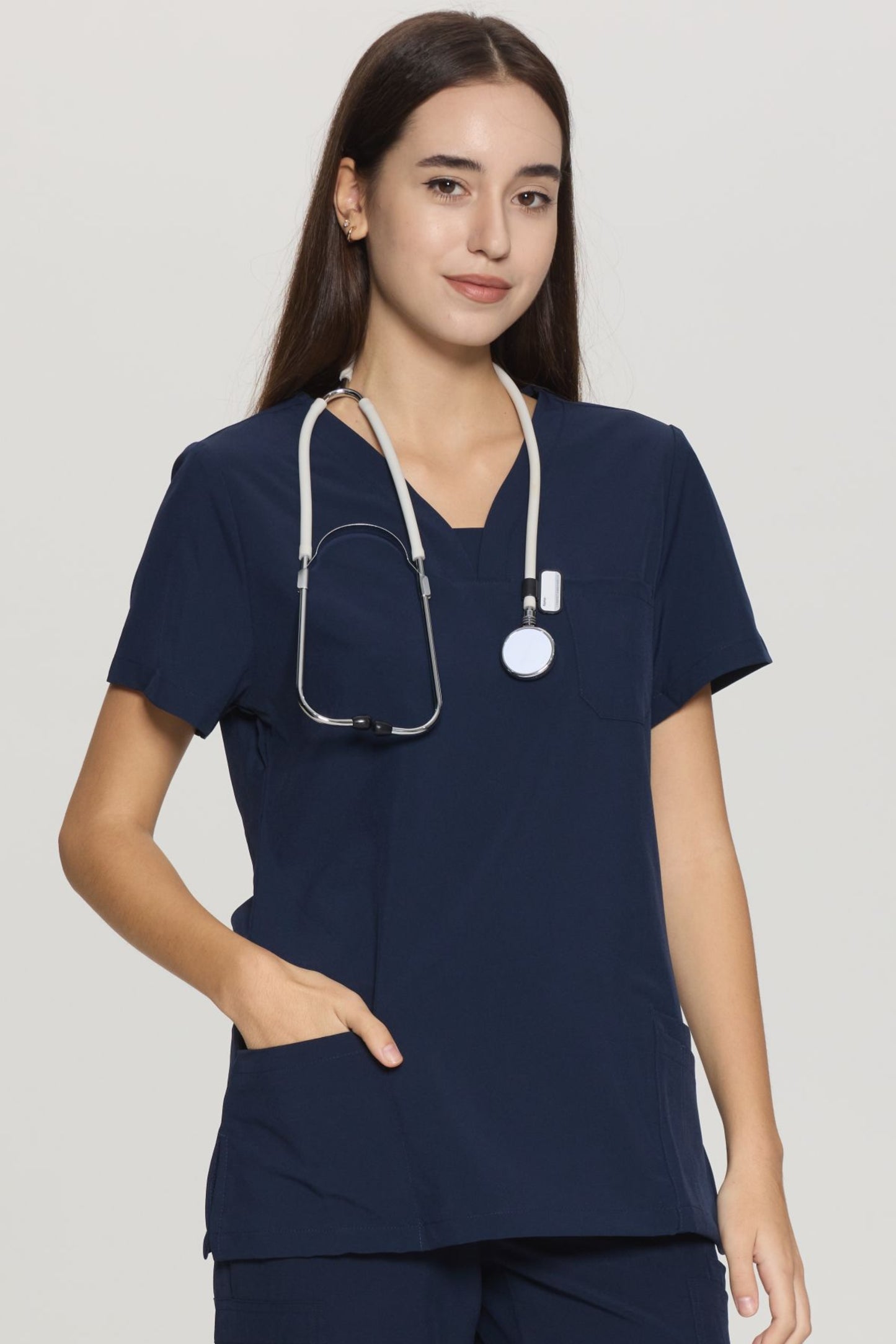 COZYFIT Slim Fit V-Neck Collar Patch Women Scrub Tops with 3 Pockets