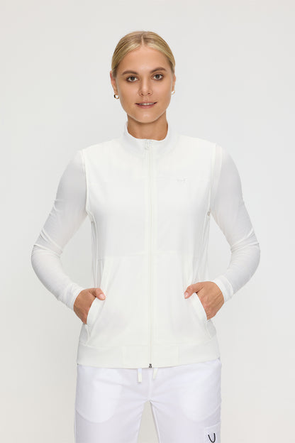 Women's 3-Pocket Scrub Vest, White, Model Front View