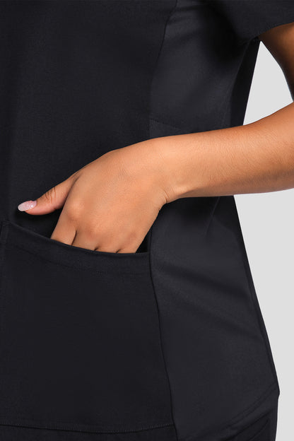 Women's Maternity V-Neck Scrub Top, Black, Pocket Detail