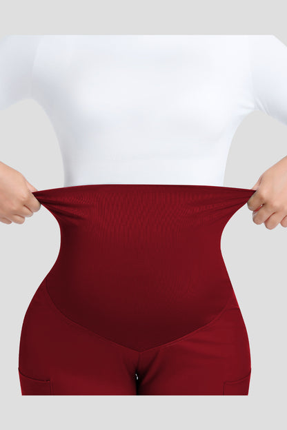 Women's Maternity Scrub Pants, Burgundy, Stretch Belly Panel Detail