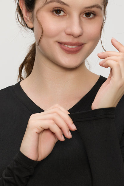 Women's V-Neck Long-Sleeve Underscrub Top, Black, V-Neck Detail