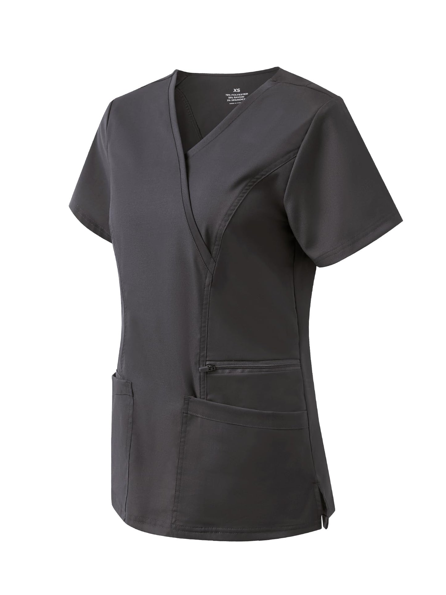 Venus Mock Wrap Scrub Top, Dark Grey, Angled Front View