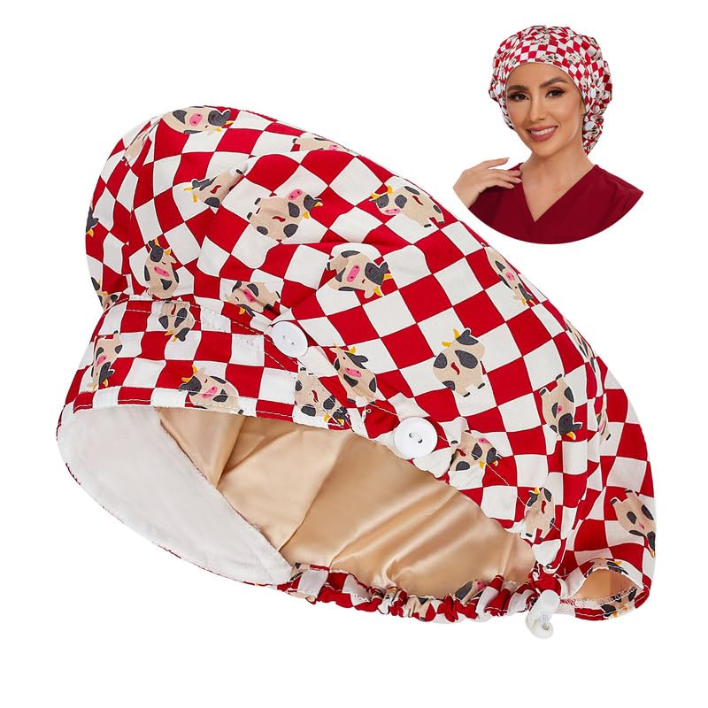 Adjustable Button Scrub Cap — B04-Red Checkered Calf — Satin Lined — 1