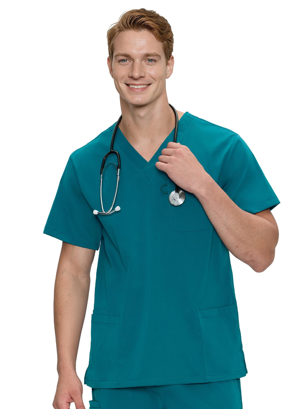 Orion V-Neck Scrub Top, Caribbean Blue, Front Styling View