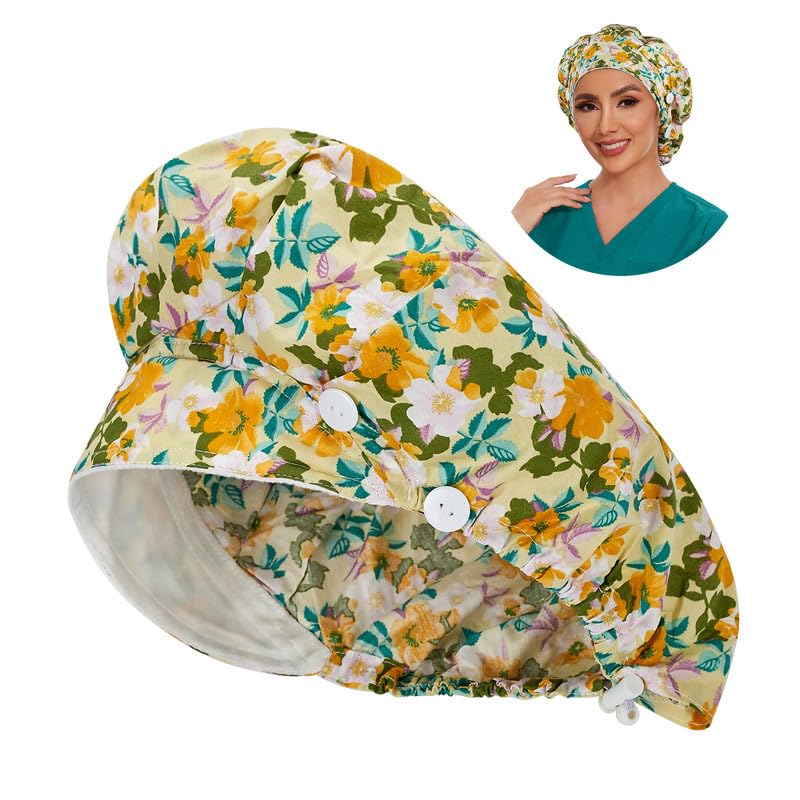 Adjustable Button Scrub Cap — B20-Spring Bloom — Single Layer — 1