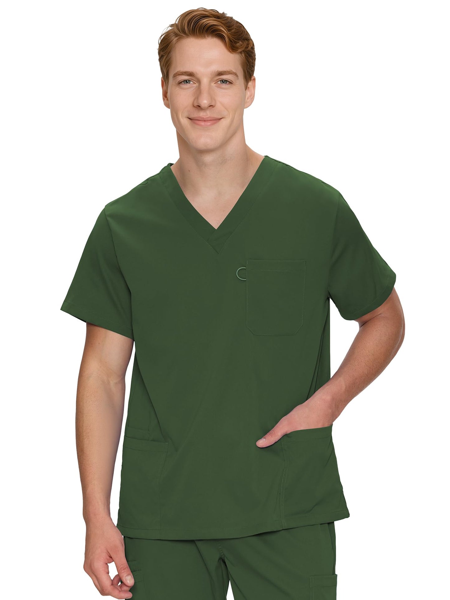 Orion V-Neck Scrub Top, Army Green, Front View