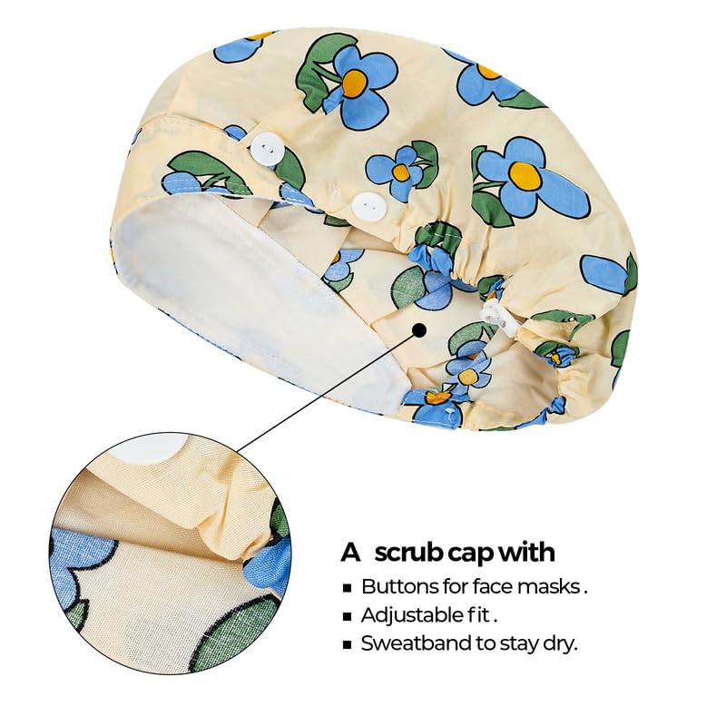 Adjustable Button Scrub Cap — B12-Sunny Sky Blossoms — Single Layer — 2