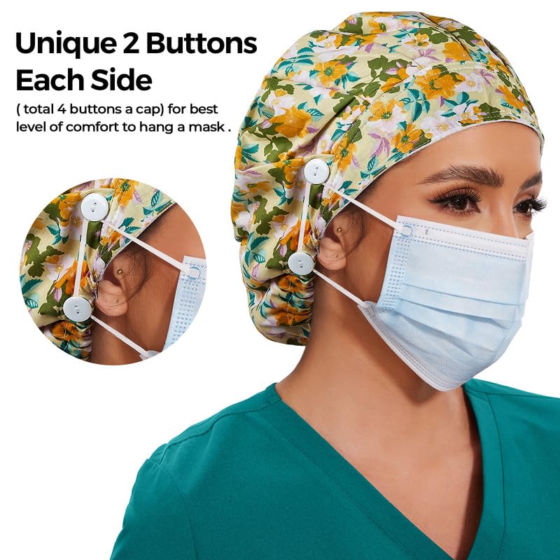 Adjustable Button Scrub Cap — B20-Spring Bloom — Single Layer — 3