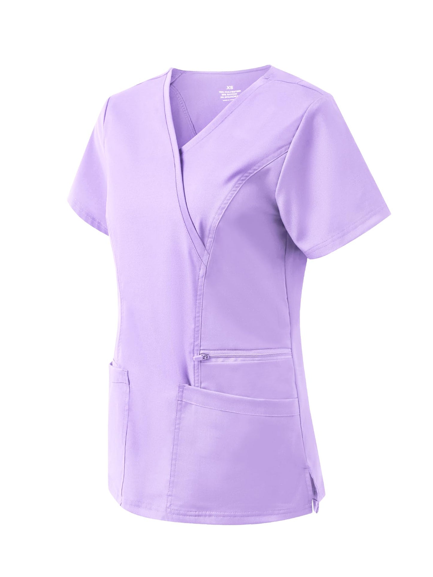 Venus Mock Wrap Scrub Top, Light Purple, Angled Front View