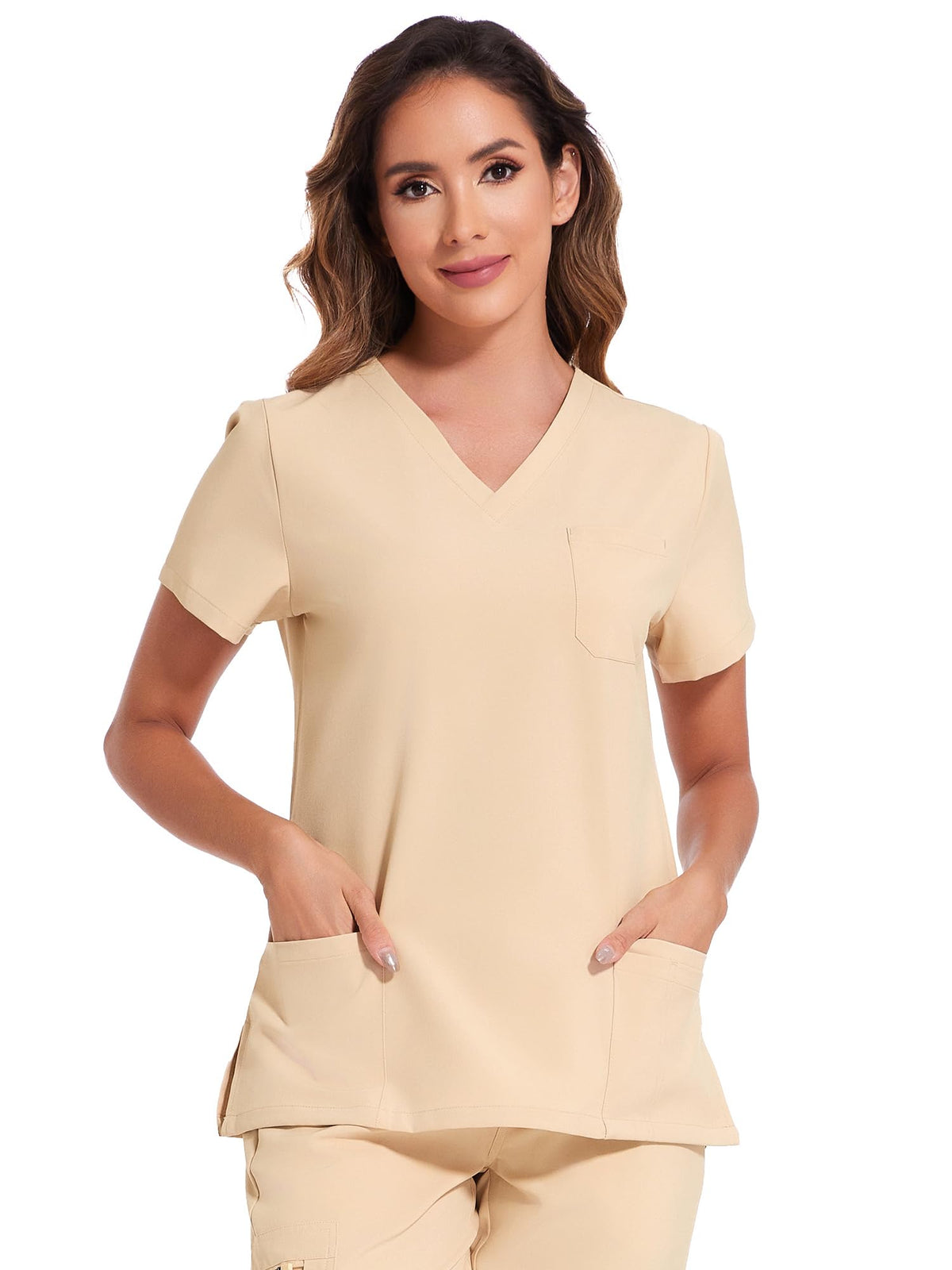 Luna V-Neck Scrub Top — Light Khaki — 2