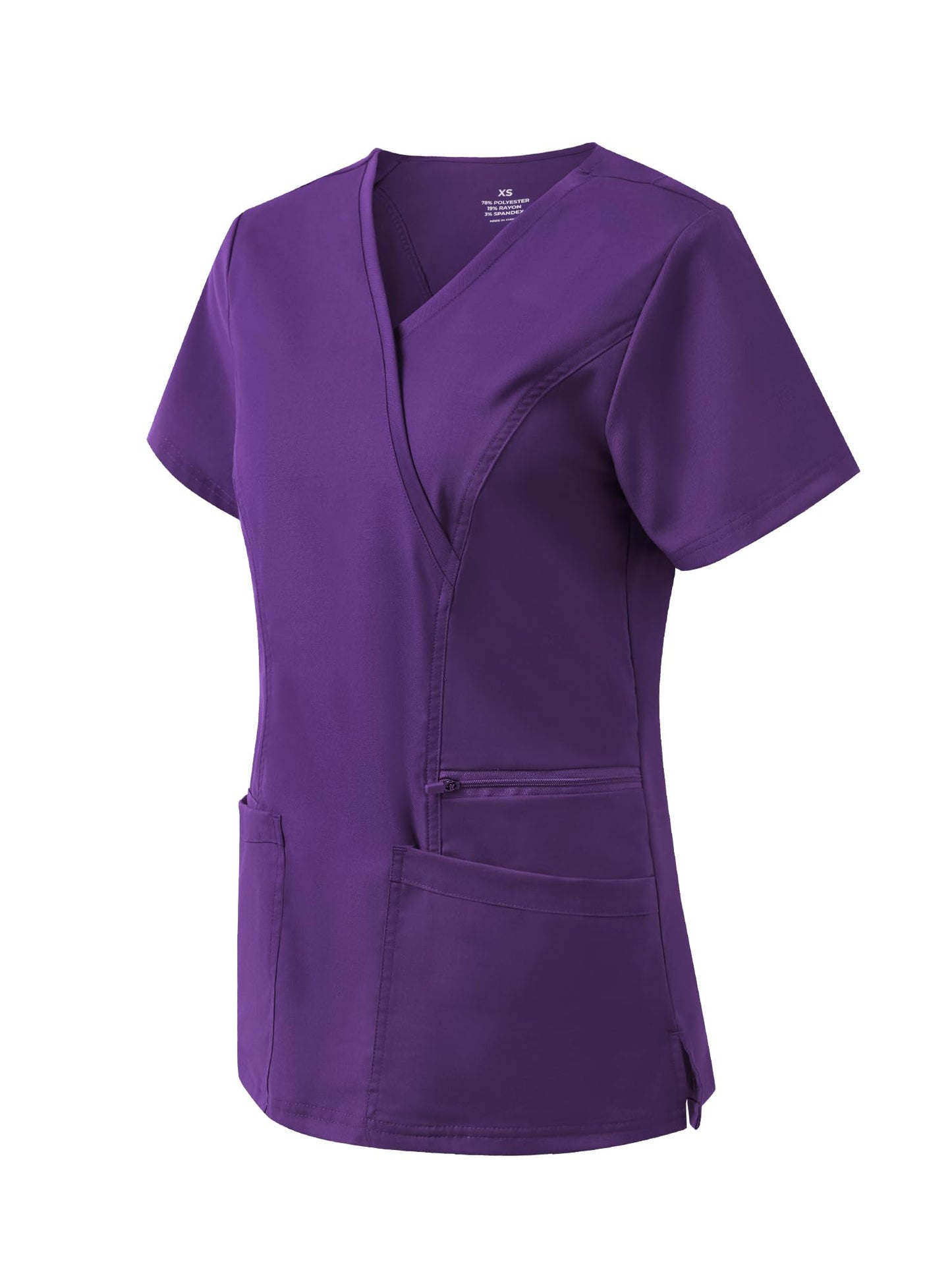 Venus Mock Wrap Scrub Top, Dark Purple, Angled Front View