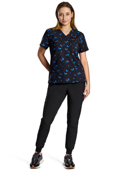 Luna Printed V-Neck Jogger Scrub Set — Blue Butterfly — 6