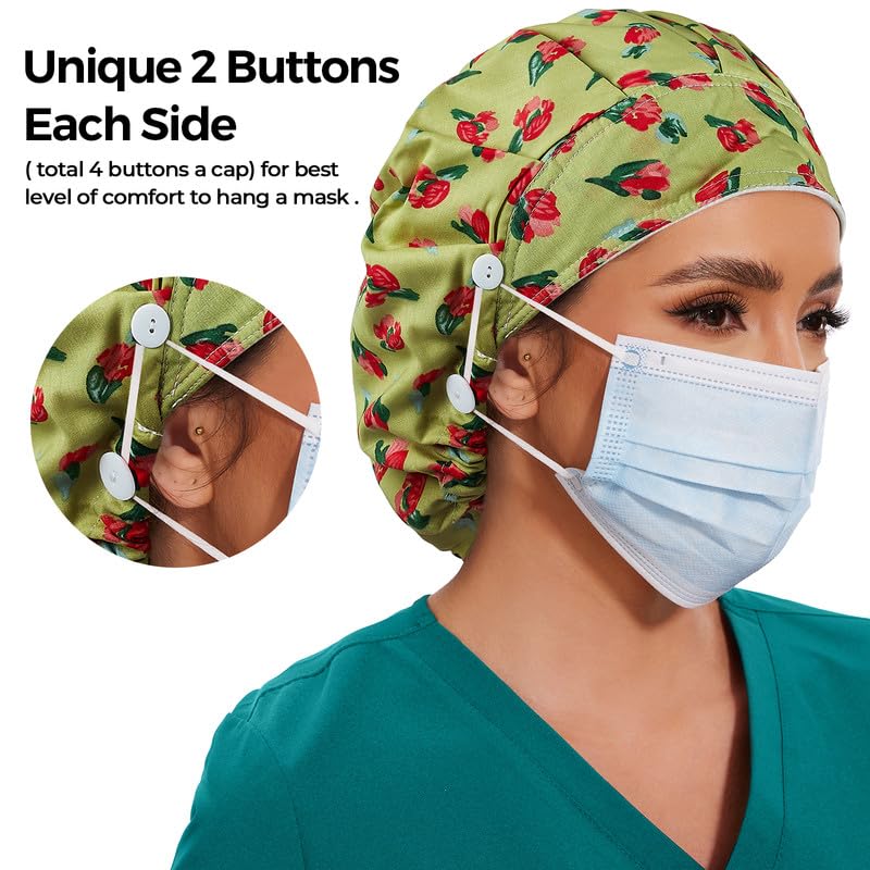 Adjustable Button Scrub Cap — B11-Tulip Garden — Single Layer — 3